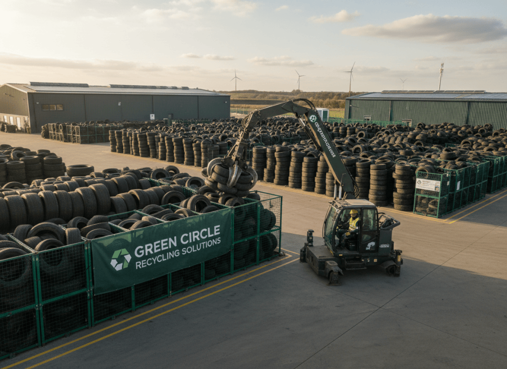 Worker collecting used tires at an industrial site, organized stacks of tires, professional logistics, dark green environmental theme, clean composition