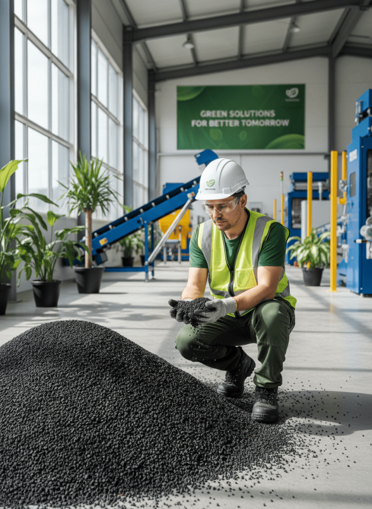 Professional recycling plant worker in safety gear inspecting shredded rubber granules, clean modern industrial environment, bright natural light, green sustainability corporate photography, trustworthy and competent mood
