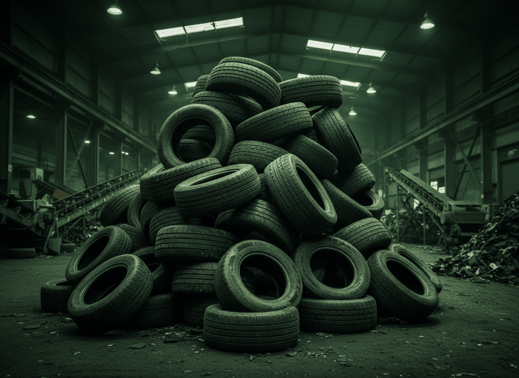 Dramatic dark cinematic photograph of stacked used car tires in an industrial recycling facility, deep forest green and near-black tones, moody low-key lighting, subtle green rim light, professional environmental industry aesthetic, high detail, atmospheric